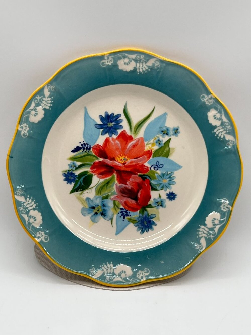 Pioneer Woman Spring Bouquet Salad Luncheon Plate 8-1/2 inches Teal Red Flowers